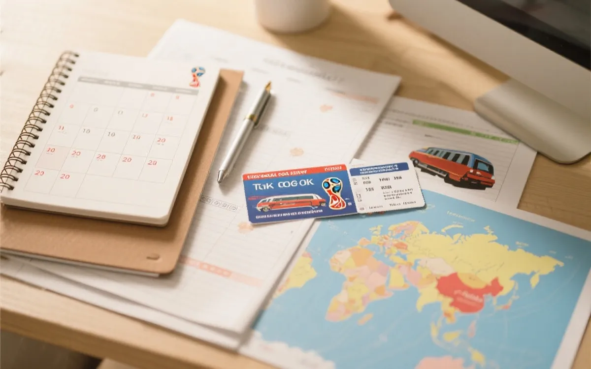 世界杯门票、赛程日历与旅行路线规划的桌面场景
