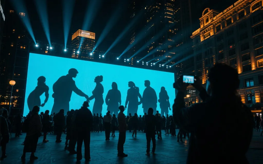 夜晚城市广场的大型互动屏与人群拍摄短视频的场景