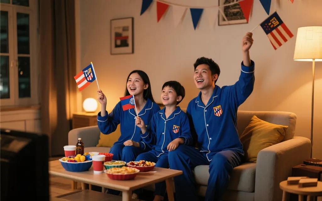 家庭观赛派对穿搭示意：统一队色的舒适家居服、围巾与小旗帜点缀，客厅温暖灯光