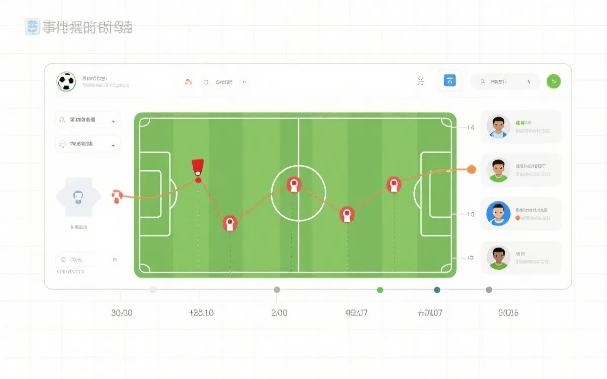 可视化比赛时间轴与球员档案联动的界面草图，突出进球与红牌事件层级