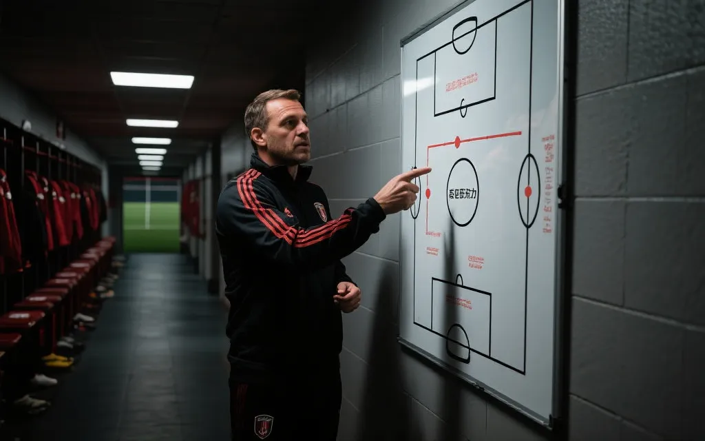 教练在战术板前布置高位压迫与防反的示意场景