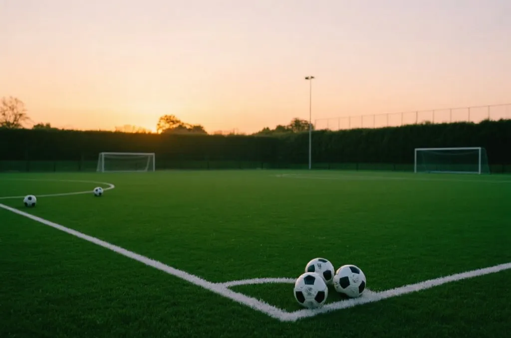A quiet green soccer training field at sunset with footballs on the pitch