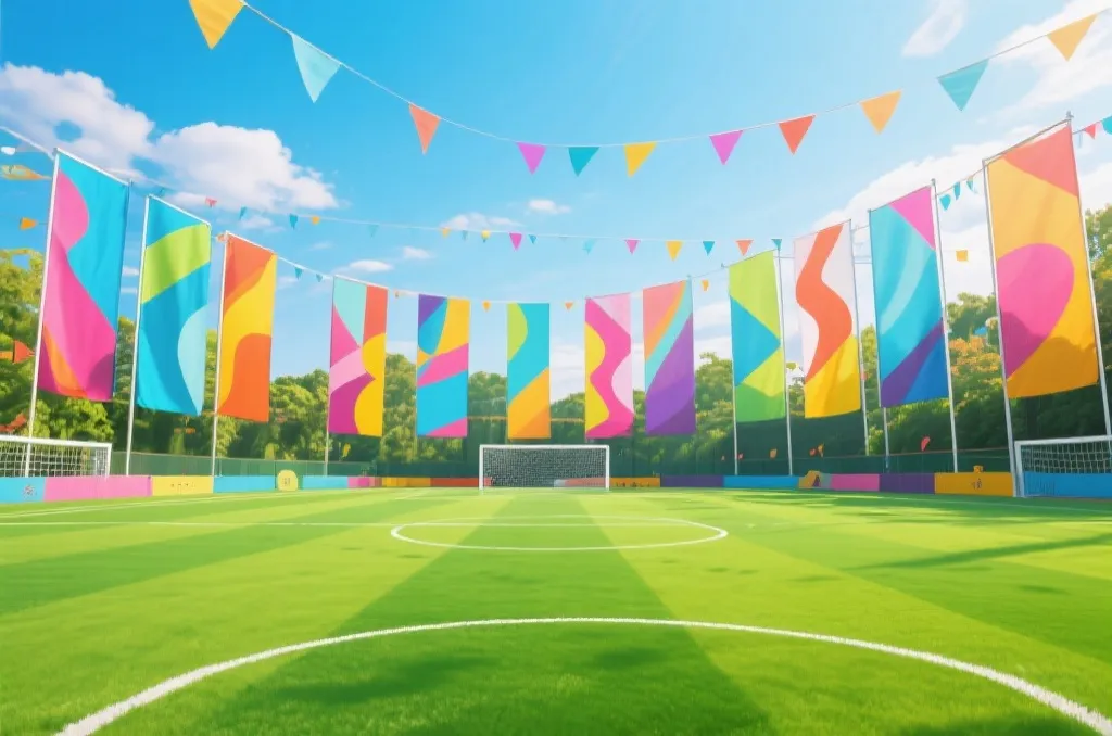 A vibrant green soccer field with colorful abstract flags in the background, festive atmosphere, daylight